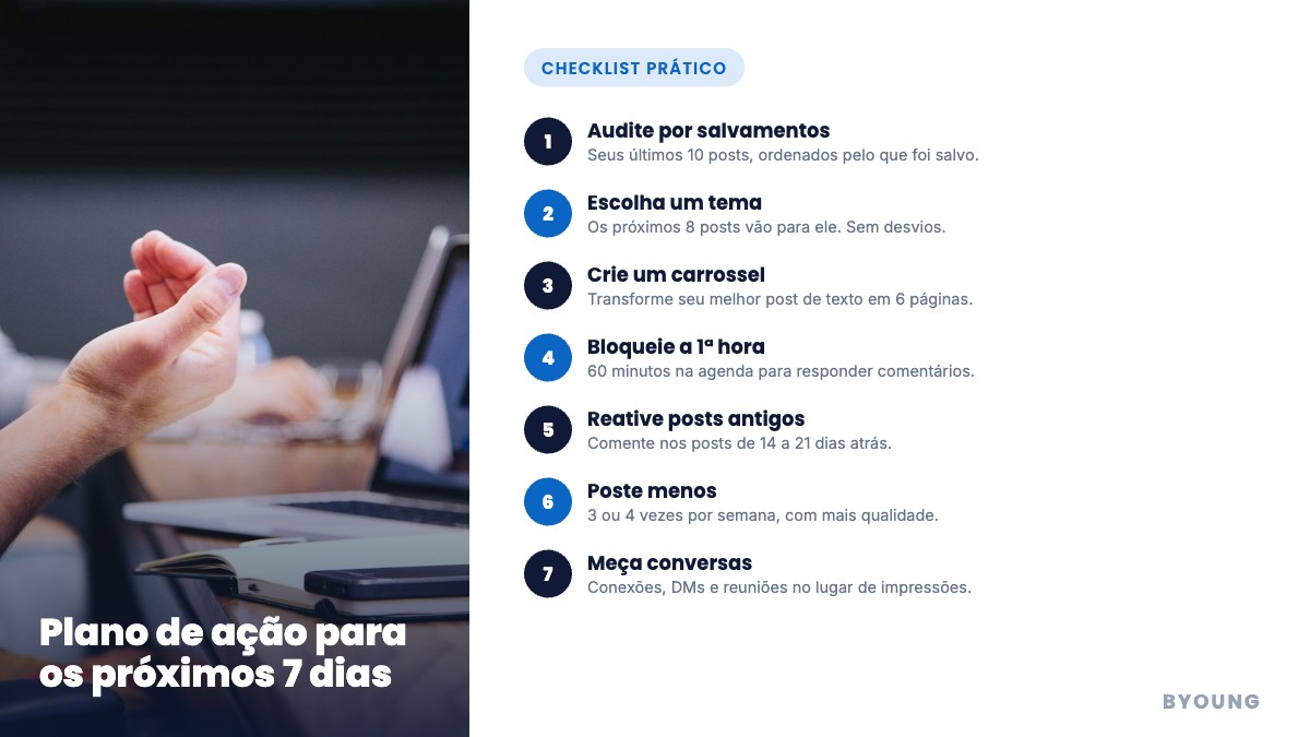 Infográfico: plano de ação de 7 dias para ganhar alcance no LinkedIn