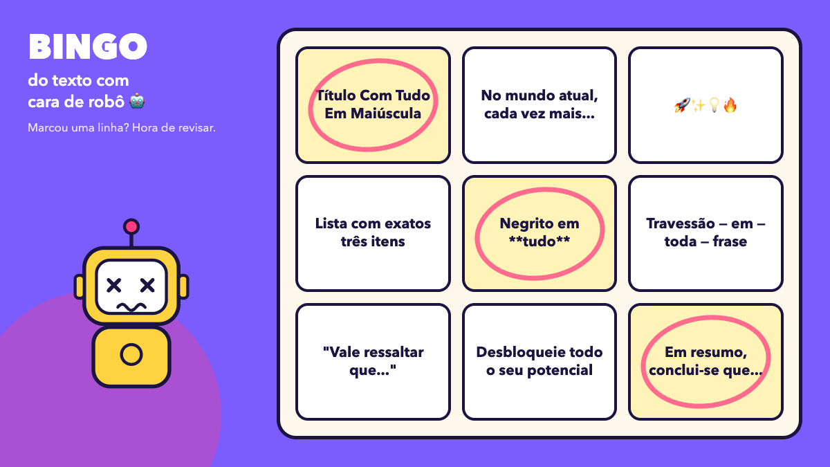 Cartela de bingo com os vícios mais comuns de texto gerado por IA
