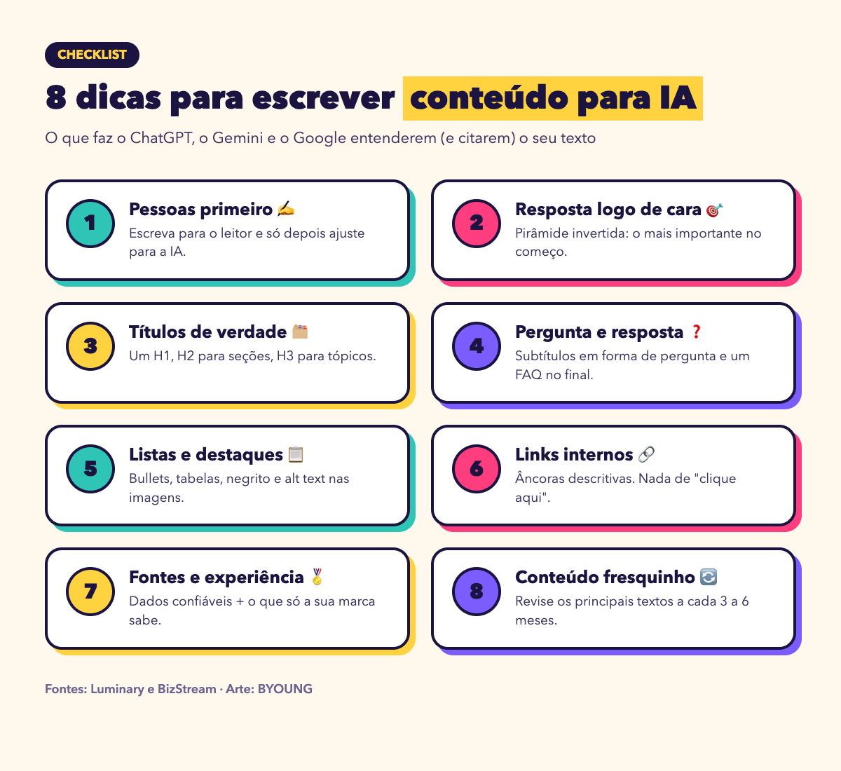 Infográfico com 8 dicas para escrever conteúdo para IA